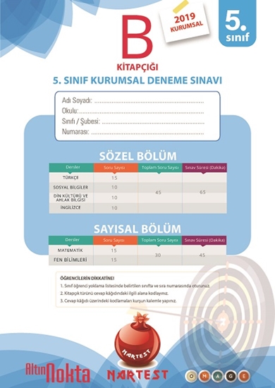 5. Sınıf 1. Kurumsal Deneme B Kitapçığı 22 Nisan 2019 Eski