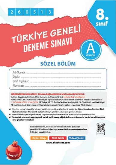 Nartest 8. Sınıf 8. Türkiye Geneli Ds Mayıs A Söz Kod 260513